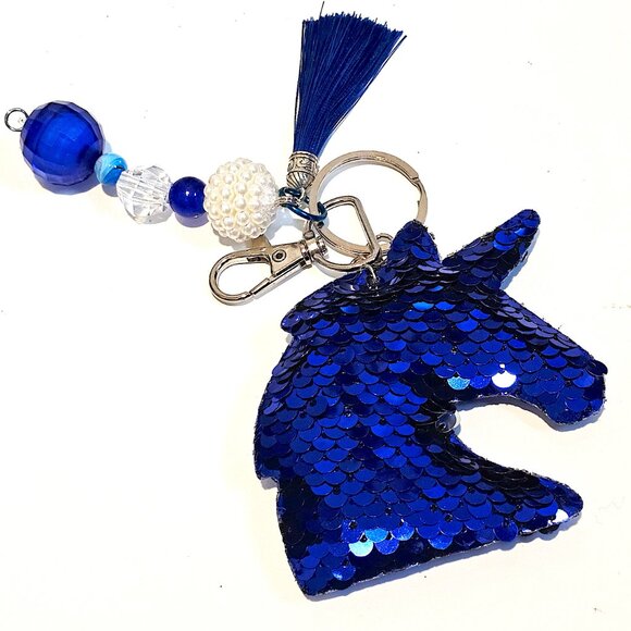Blue Sequin Unicorn Keychain w/ Beaded Tassel Charm, Sparkly Bag Purse Accessory - Picture 1 of 3